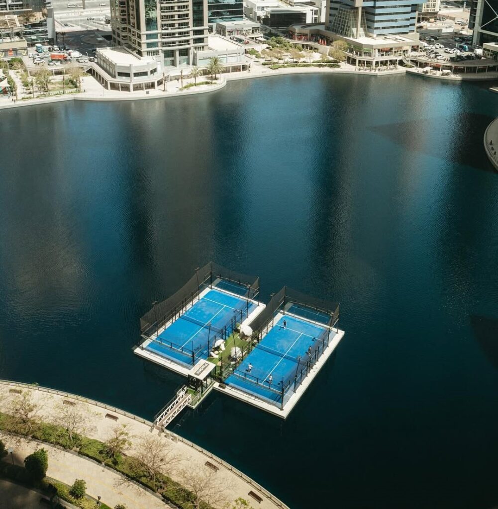 PadelX floating padel court in JLT with Dubai Marina skyline view