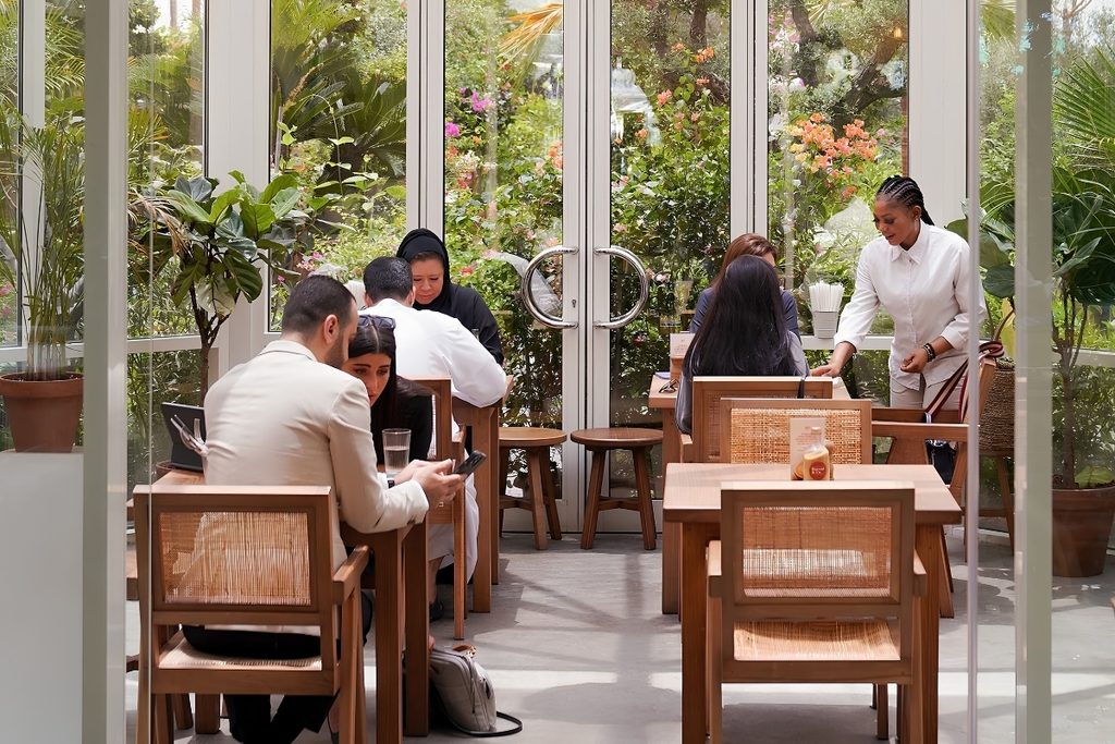 Harvest & Co Dubai Garden Centre cafe surrounded by greenery