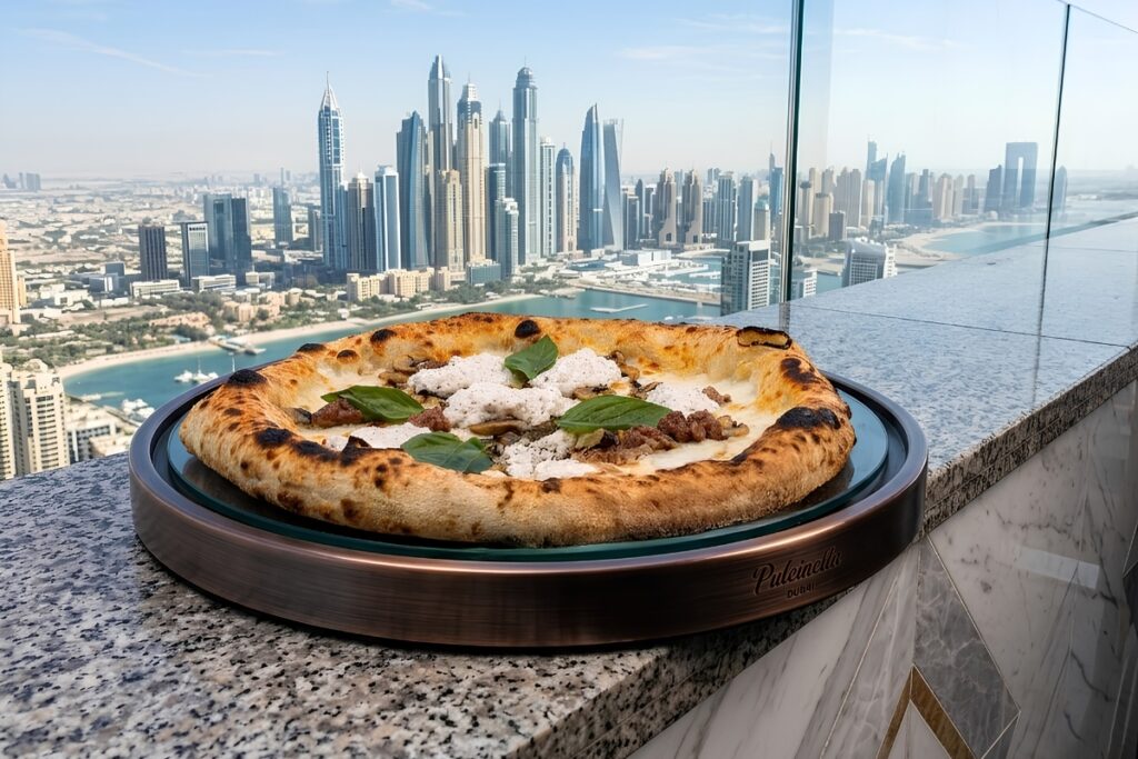 Traditional Neapolitan pizza served at Pulcinella Dubai