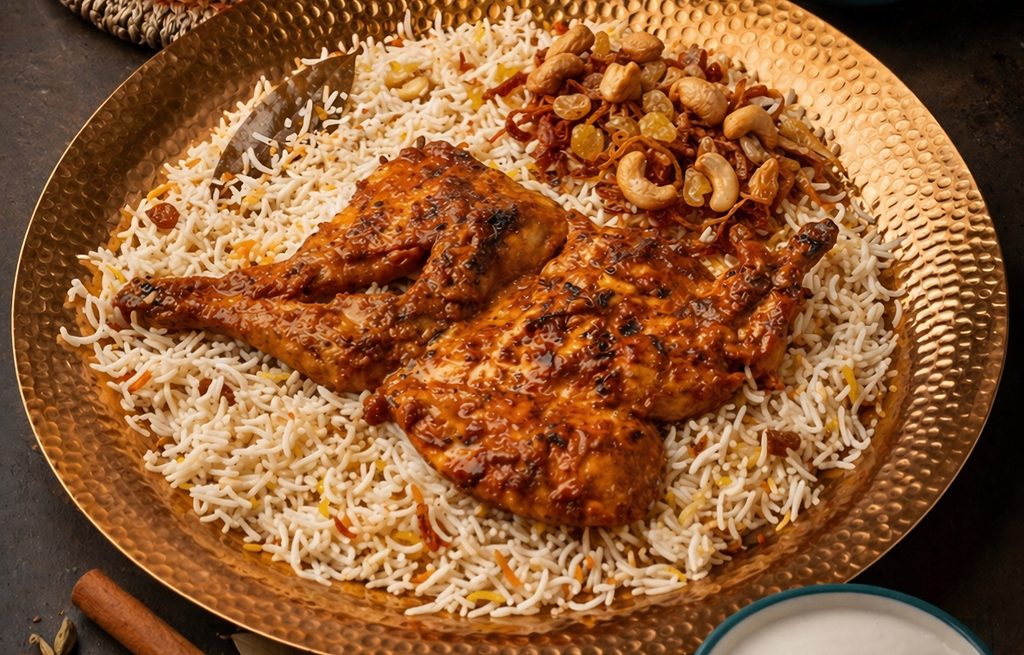 Spicy food dishes in Dubai, such as special chicken Madhbi with rice