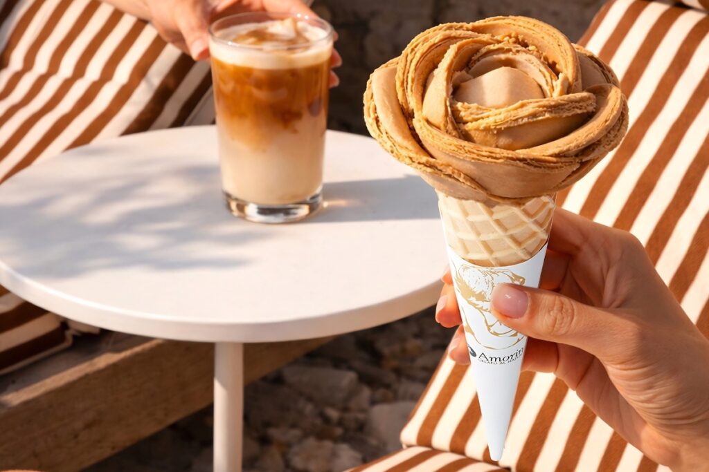 Flower-shaped Italian gelato at Amorino, one of the most unique frozen desserts in Dubai