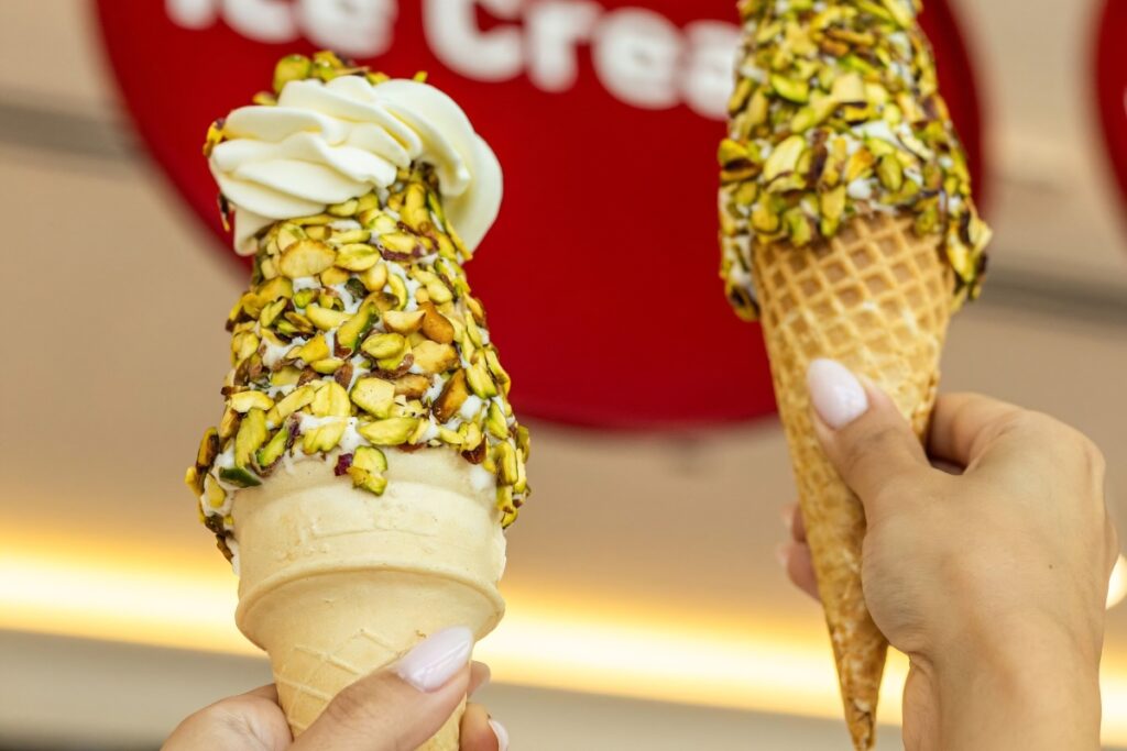 Traditional Lebanese booza with pistachios at Bachir, a unique frozen dessert in Dubai