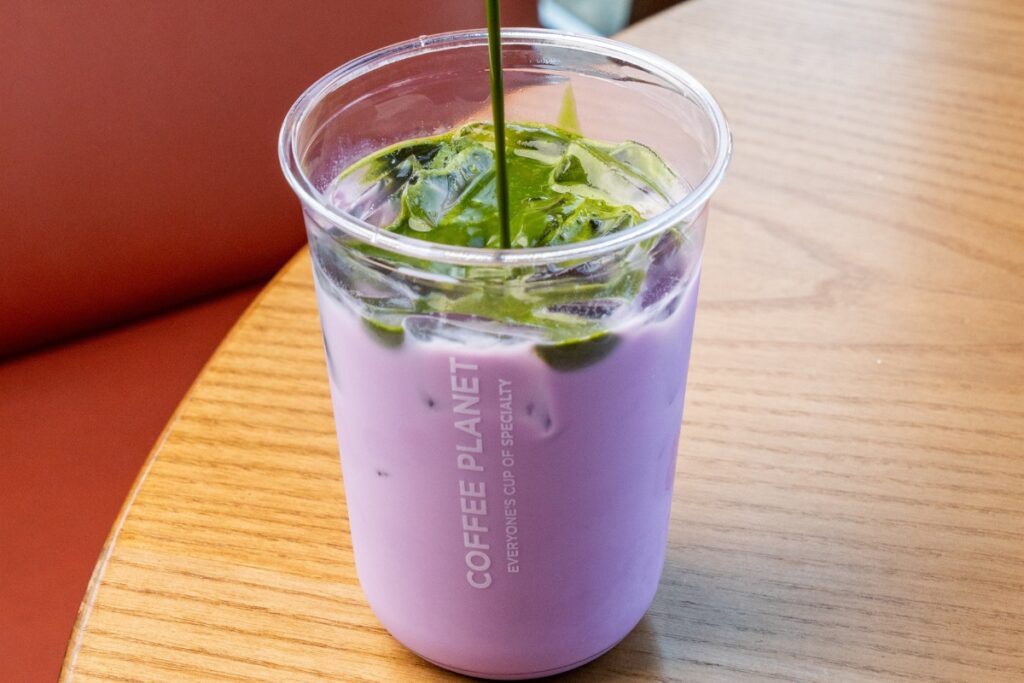 Ube lattes and ube matcha at Coffee Planet Dubai